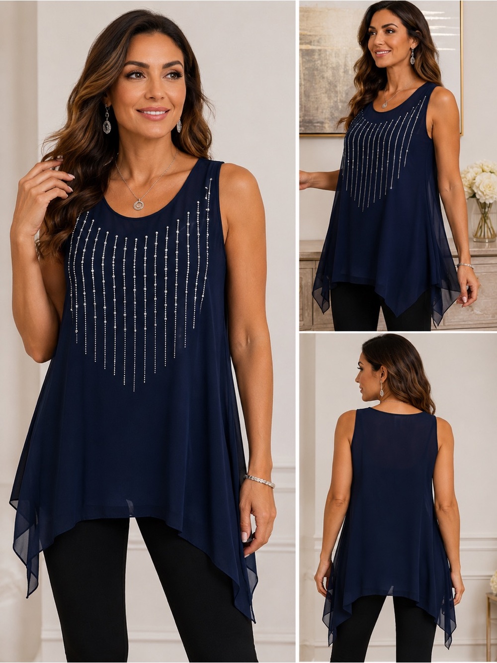 Navy Beaded Overlay Tank Top size L